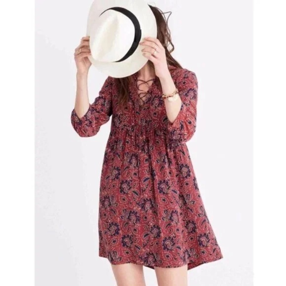 Madewell Women's Assam Floral Babydoll Silk Lace-Up Dress Red Blue Size Large